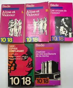 Sade lot de 5 livres : SADE : L&rsquo;EPOUX, COMPLAISANT ET AUTRES RECITS, HISTORIETTES, CONTES ET FABLIAUX AVANT-PROPOS PAR GILBERT LELY Justine ou les malheurs de la vertu Aline et Valcour 1 et 2 Les crimes de l&rsquo;amour